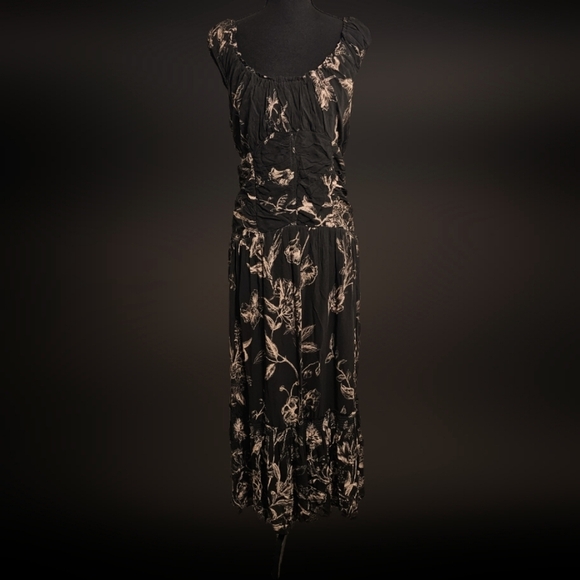 Anthropologie Black Floral Ruched Viscose, Modal Dress Long Midi Medium - Picture 2 of 14